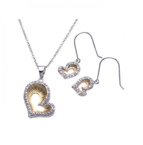 .925 Sterling Silver Rhodium & Gold Plated Open Heart Clear Border Cz Hook Earring & Dangling Necklace Set