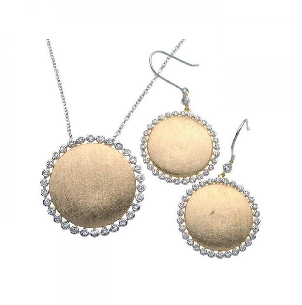 .925 Sterling Silver Rhodium & Gold Plated Round Sun Disc Clear Cz Hook Earring & Necklace Set