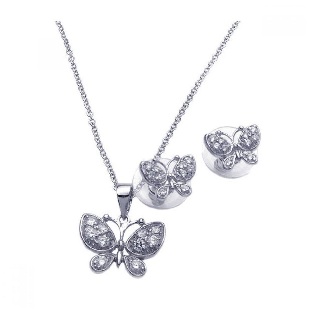 .925 Sterling Silver Rhodium Plated Clear Butterfly Cz Stud Earring & Necklace Set