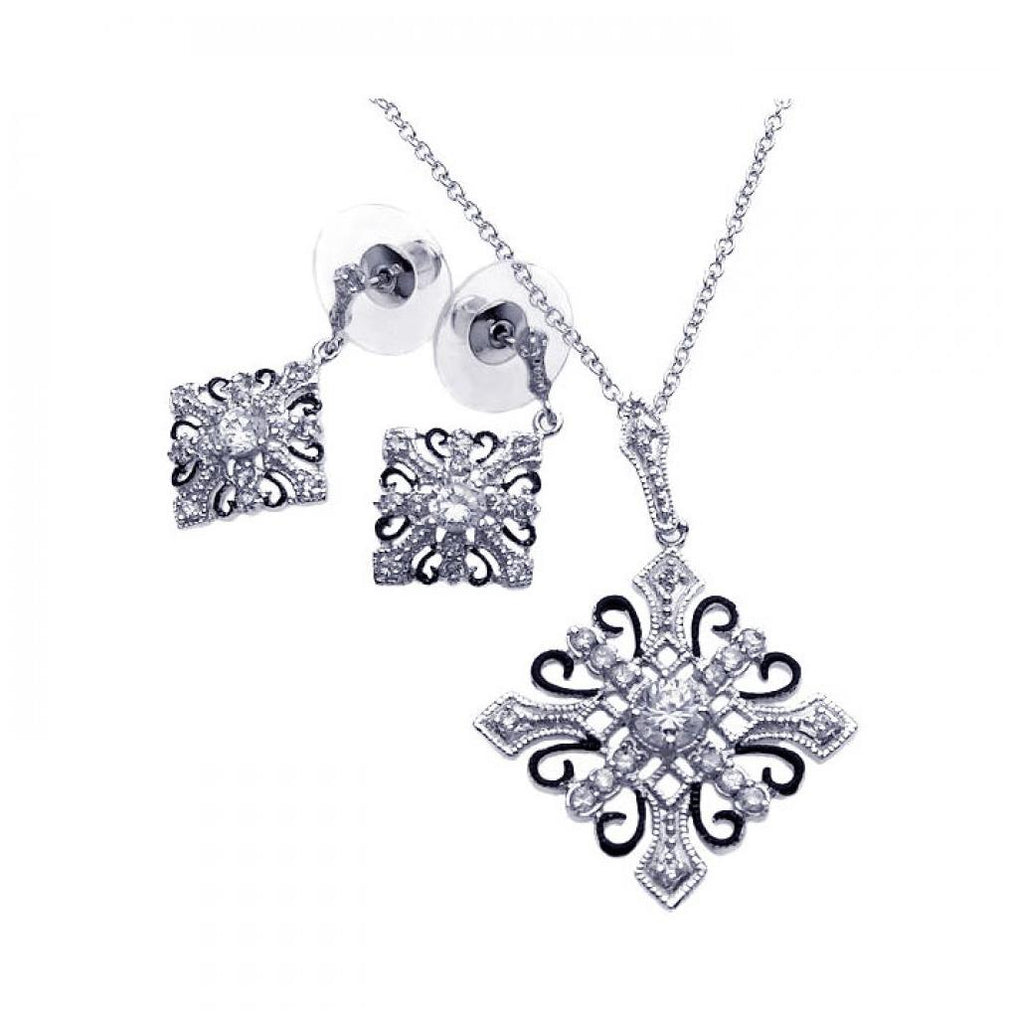 .925 Sterling Silver Rhodium & Black Rhodium Plated Diamond Shape Cross Clear Cz Dangling Stud Earring & Dangling Necklace Set