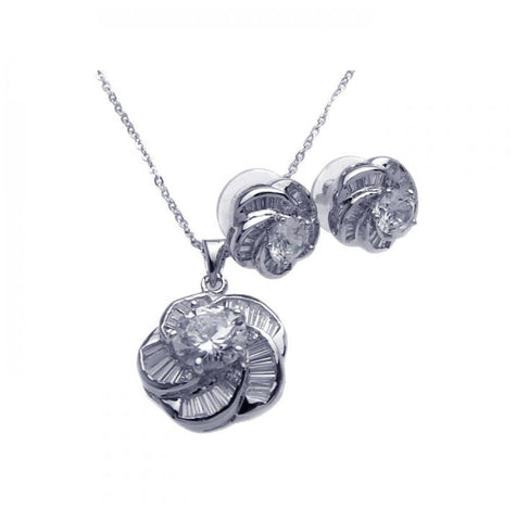 .925 Sterling Silver Rhodium Plated Clear Baguette Spiral Flower Cz Stud Earring & Necklace Set