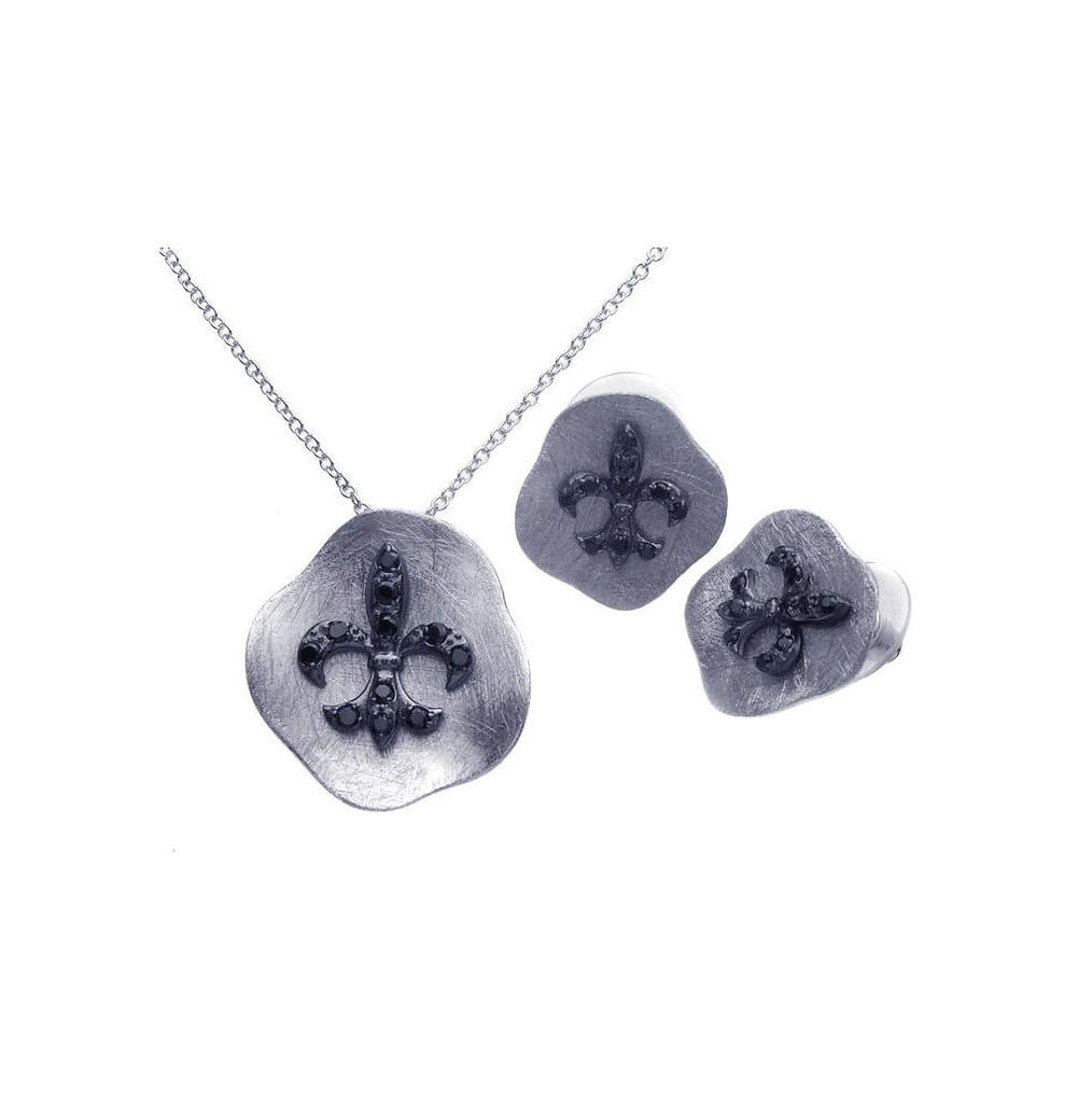 .925 Sterling Silver Rhodium Plated Matte Finish Fleur De Lis Crest Black Cz Stud Earring & Necklace Set