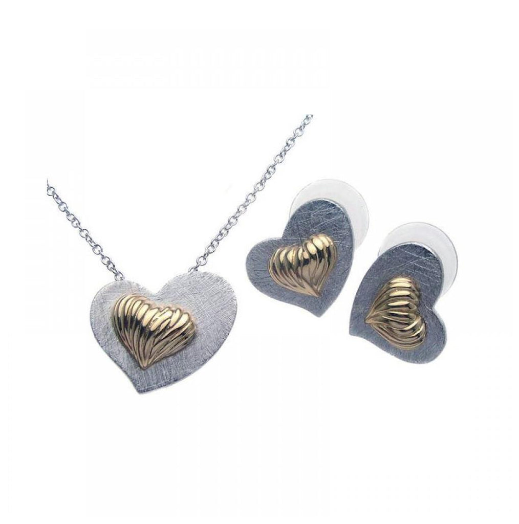 .925 Sterling Silver Rhodium & Gold Plated Matte Finish Shell Heart Stud Earring & Necklace Set