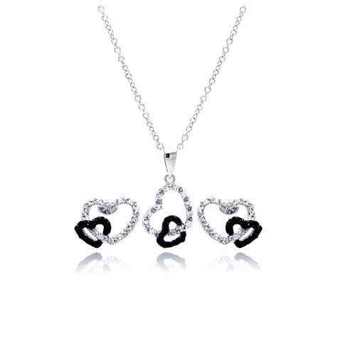 .925 Sterling Silver Rhodium & Black Rhodium Plated Clear & Black Open Heart Cz Stud Earring & Dangling Necklace Set