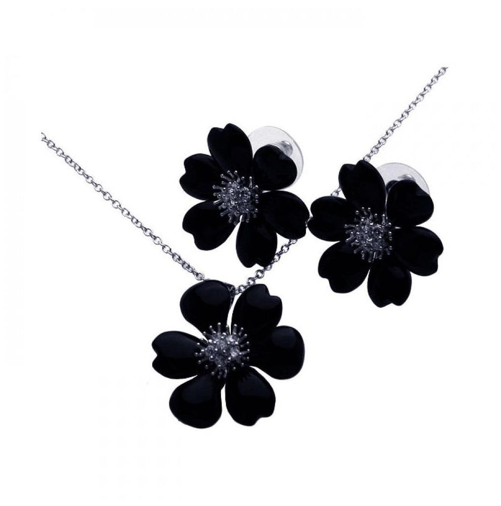 .925 Sterling Silver Rhodium Plated Black Onyx Flower Clear Cz Stud Earring & Necklace Set