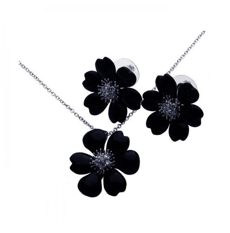 .925 Sterling Silver Rhodium Plated Black Onyx Flower Clear Cz Stud Earring & Necklace Set