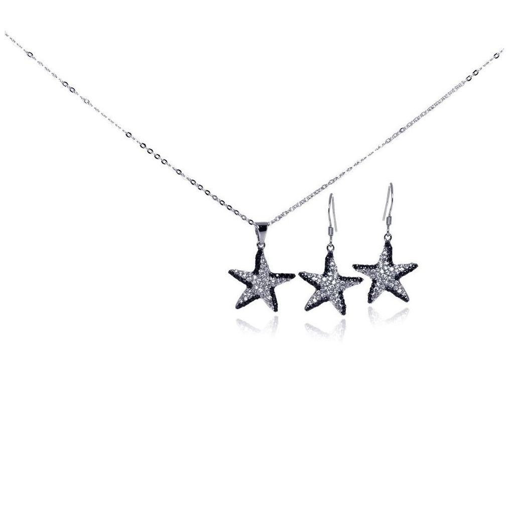 .925 Sterling Silver Rhodium & Black Rhodium Plated Black & Clear Star Cz Hook Earring & Dangling Necklace Set