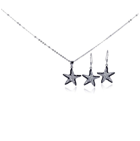 .925 Sterling Silver Rhodium & Black Rhodium Plated Black & Clear Star Cz Hook Earring & Dangling Necklace Set