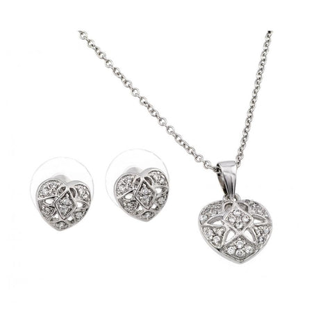 .925 Sterling Silver Rhodium Plated Clear Heart Flower Pave Set Cz Stud Earring & Necklace Set