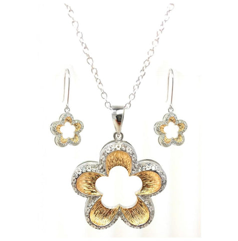 .925 Sterling Silver Rhodium & Gold Plated Open Flower Clear Border Cz Hook Earring & Dangling Necklace Set