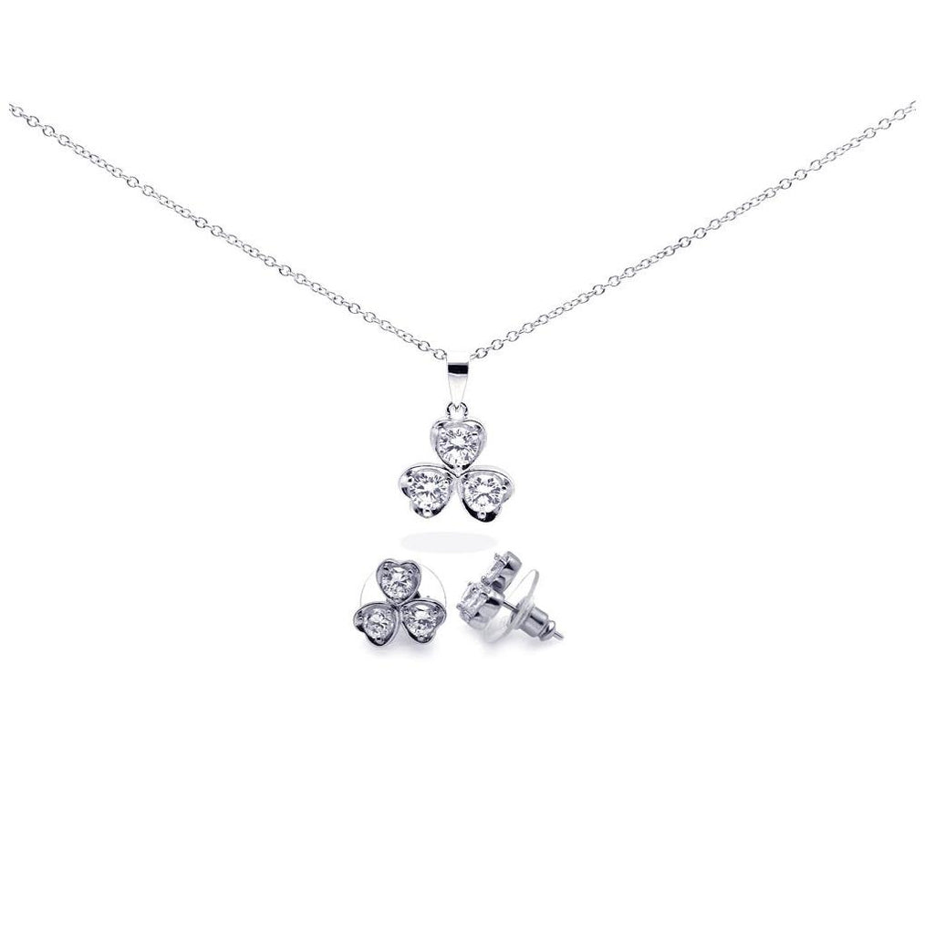 .925 Sterling Silver Rhodium Plated Clear Clover Leaf Cz Stud Earring & Necklace Set