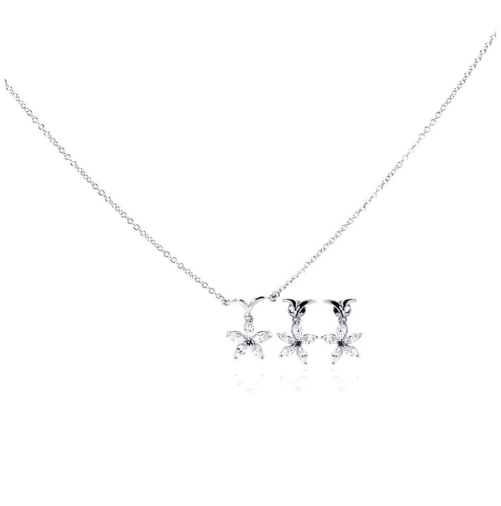 .925 Sterling Silver Rhodium Plated Clear Mini Flower Cz Stud Earring & Necklace Set