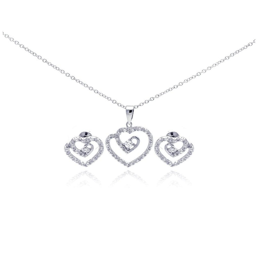 .925 Sterling Silver Rhodium Plated Swirl Open Heart Clear Cz Stud Earring & Dangling Necklace Set