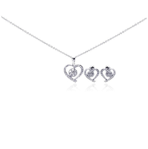 .925 Sterling Silver Rhodium Plated Open Heart Clear Outline Cz Stud Earring & Necklace Set