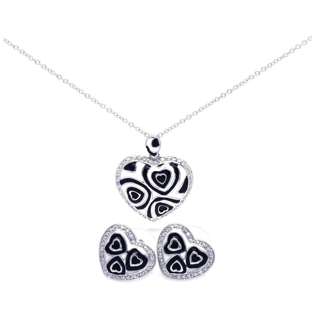 .925 Sterling Silver Rhodium Plated Black & White Enamel Hear Clear Cz Stud Earring & Necklace Set