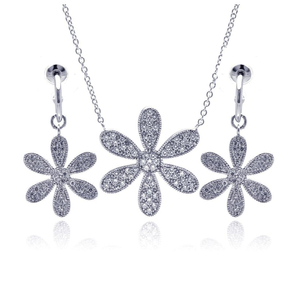 .925 Sterling Silver Rhodium Plated Wide Wild Flower Clear Pave Set Cz Dangling Earring & Necklace Set