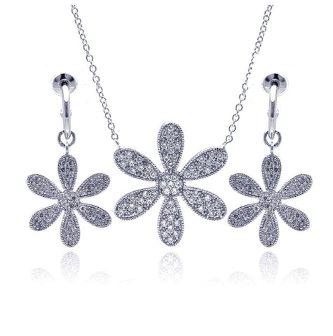 .925 Sterling Silver Rhodium Plated Wide Wild Flower Clear Pave Set Cz Dangling Earring & Necklace Set