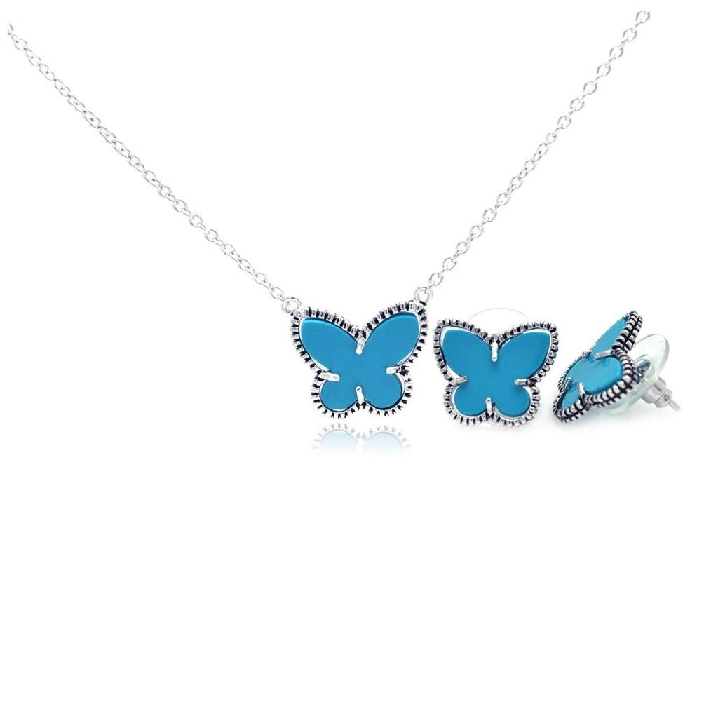 .925 Sterling Silver Rhodium Plated Turquoise Mini Butterfly Stud Earring & Necklace Set