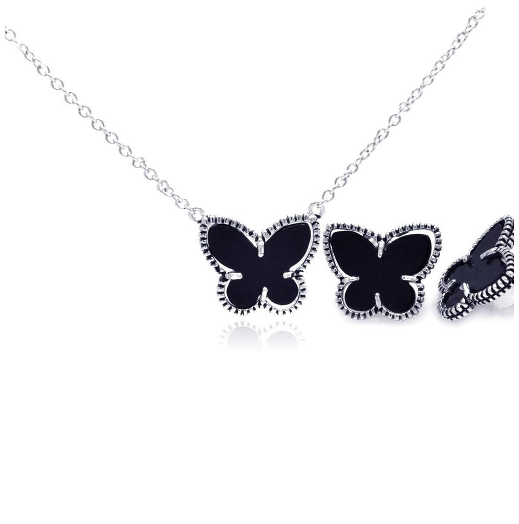 .925 Sterling Silver Rhodium Plated Black Onyx Mini Butterfly Stud Earring & Necklace Set