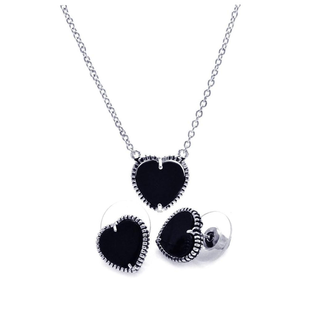 .925 Sterling Silver Rhodium Plated Black Onyx Heart Stud Earring & Necklace Set