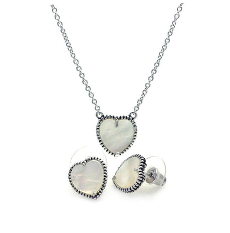 .925 Sterling Silver Rhodium Plated Mother Of Pearl Heart Stud Earring & Necklace Set