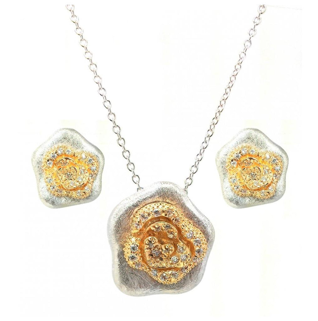 .925 Sterling Silver Rhodium & Gold Plated Flower Clear Cz Stud Earring & Necklace Set