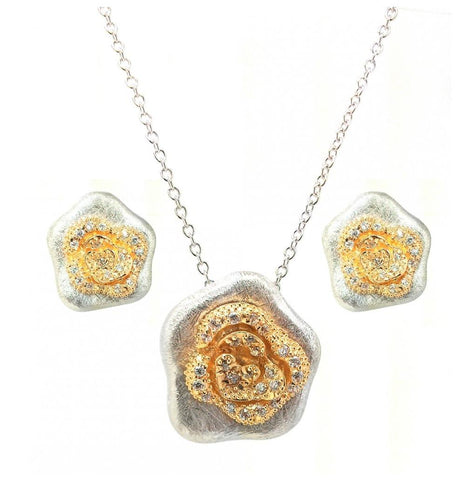 .925 Sterling Silver Rhodium & Gold Plated Flower Clear Cz Stud Earring & Necklace Set