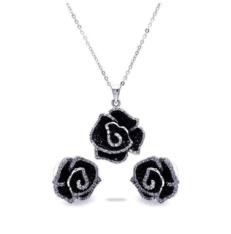 .925 Sterling Silver Rhodium & Black Rhodium Plated Black & Clear Flower Cz Stud Earring & Necklace Set