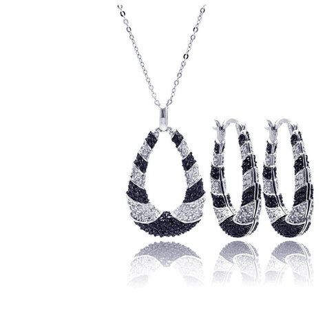 .925 Sterling Silver Rhodium & Black Rhodium Plated Black & Clear Open Teardrop Cz Hoop Earring & Necklace Set