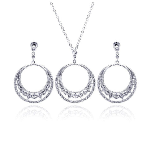 .925 Sterling Silver Rhodium Plated Open Circle Crescent Clear Cz Dangling Stud Earring & Dangling Necklace Set