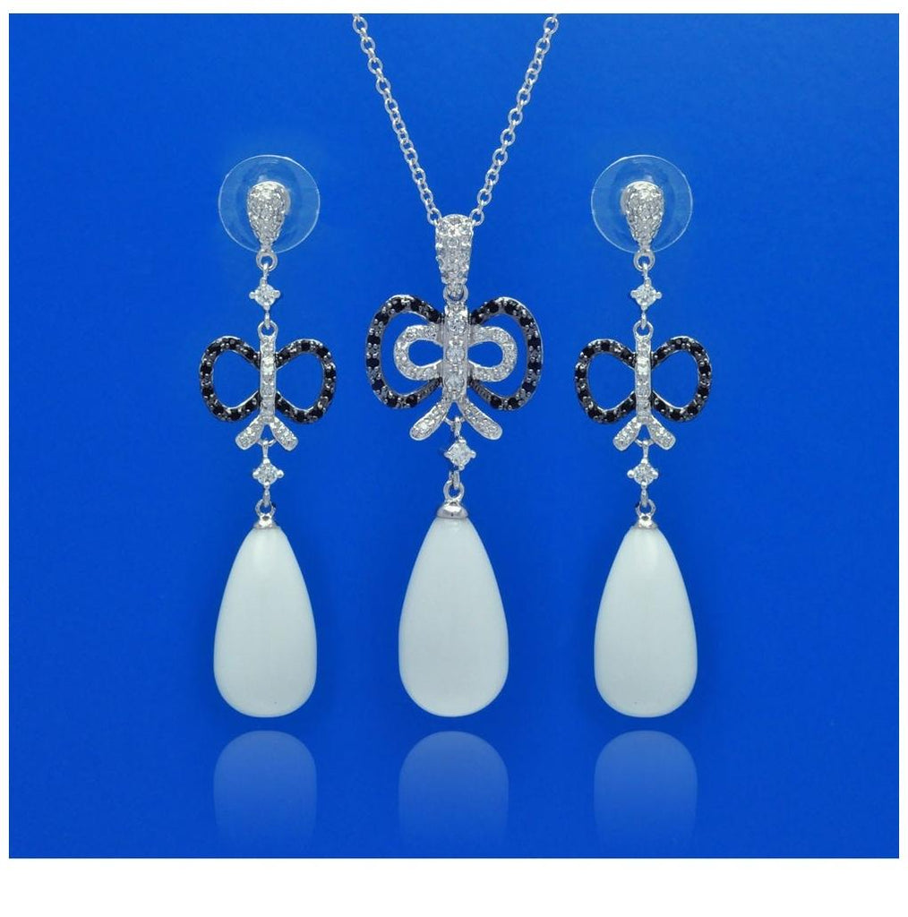 .925 Sterling Silver Rhodium & Oxidized Plated White Teardrop Ribbon Black & Clear Cz Dangling Stud Earring & Necklace Set