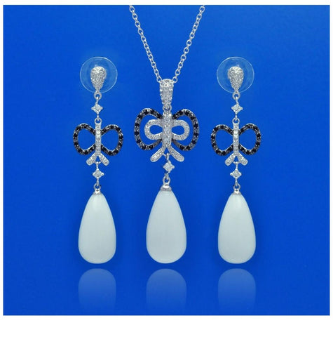 .925 Sterling Silver Rhodium & Oxidized Plated White Teardrop Ribbon Black & Clear Cz Dangling Stud Earring & Necklace Set