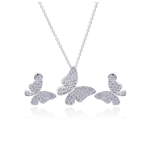 .925 Sterling Silver Rhodium Plated Clear Pave Set Butterfly Cz Stud Earring & Necklace Set