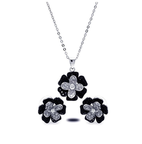 .925 Sterling Silver Rhodium & Black Rhodium Plated Black & Clear Pave Set Flower Cz Stud Earring & Dangling Necklace Set