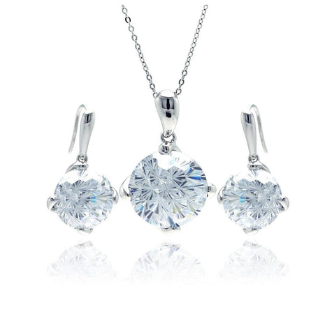 .925 Sterling Silver Rhodium Plated Large Round Clear Cz Hook Earring & Dangling Necklace Set