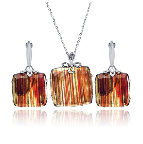 .925 Sterling Silver Rhodium Plated Sandstone Square Stud Earring & Necklace Set