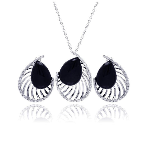 .925 Sterling Silver Rhodium Plated Black Onyx Teardrop Filigree Clear Cz Stud Earring & Necklace Set