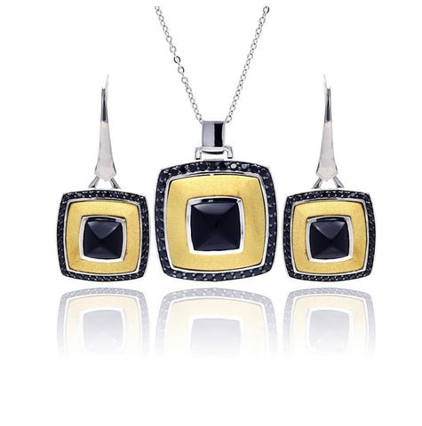 .925 Sterling Silver Rhodiumblack Rhodium& Gold Plated Square Black Cz Leverback Earring & Necklace Set