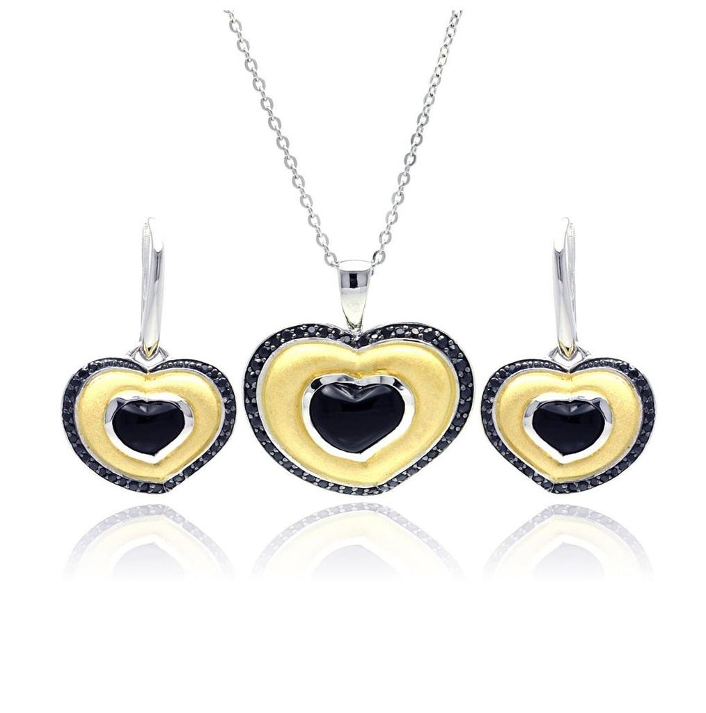 .925 Sterling Silver Rhodiumblack Rhodium& Gold Plated Heart Black Cz Stud Earring & Necklace Set