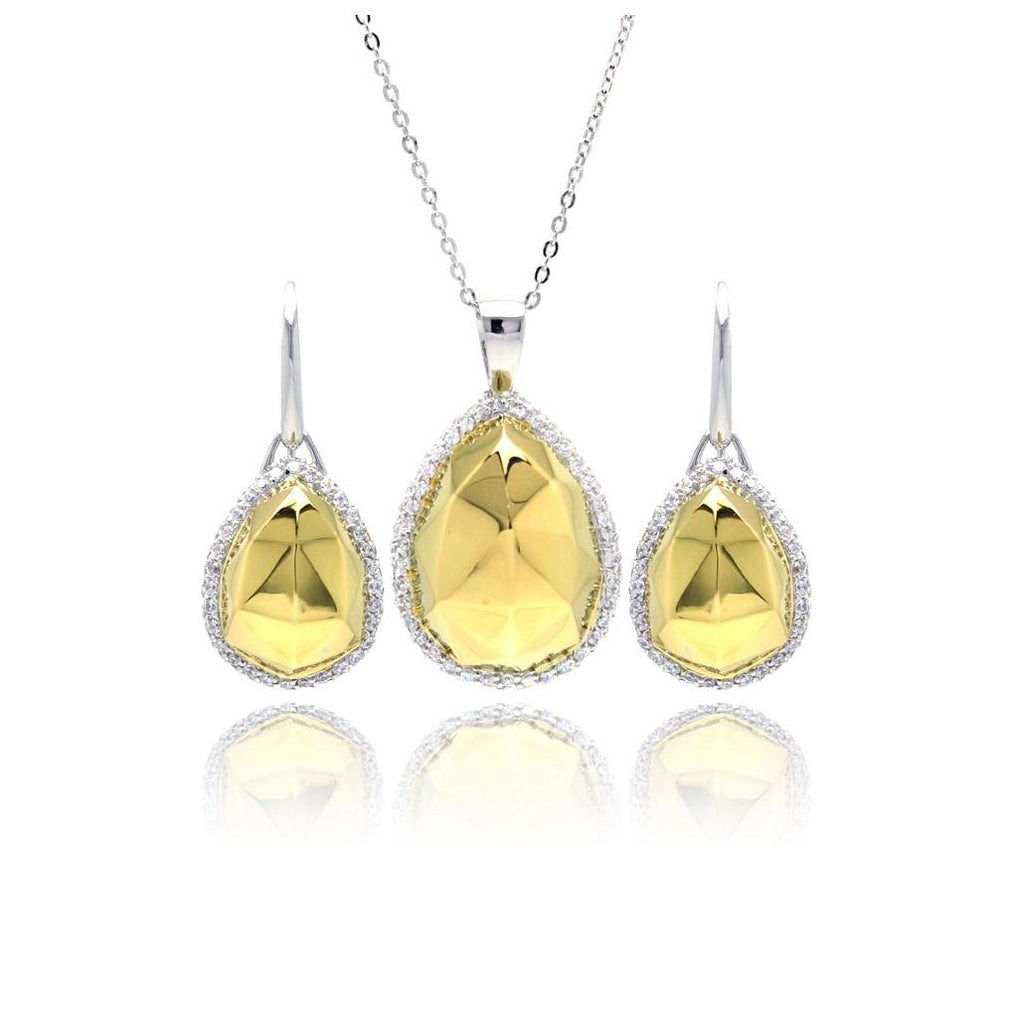 .925 Sterling Silver Rhodium & Gold Plated Clear Hammered Teardrop Cz Leverback Earring & Necklace Set