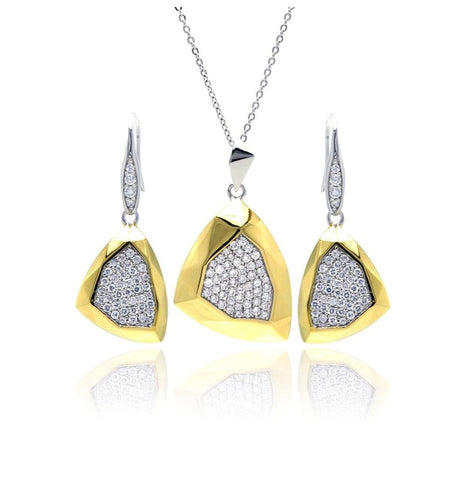 .925 Sterling Silver Rhodium & Gold Plated Hammered Triangle Clear Pave Set Cz Leverback Earring & Necklace Set