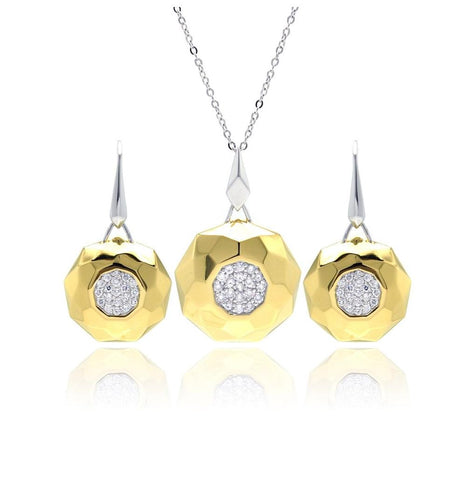 .925 Sterling Silver Rhodium & Gold Plated Hammered Circle Clear Pave Set Cz Leverback Earring & Necklace Set