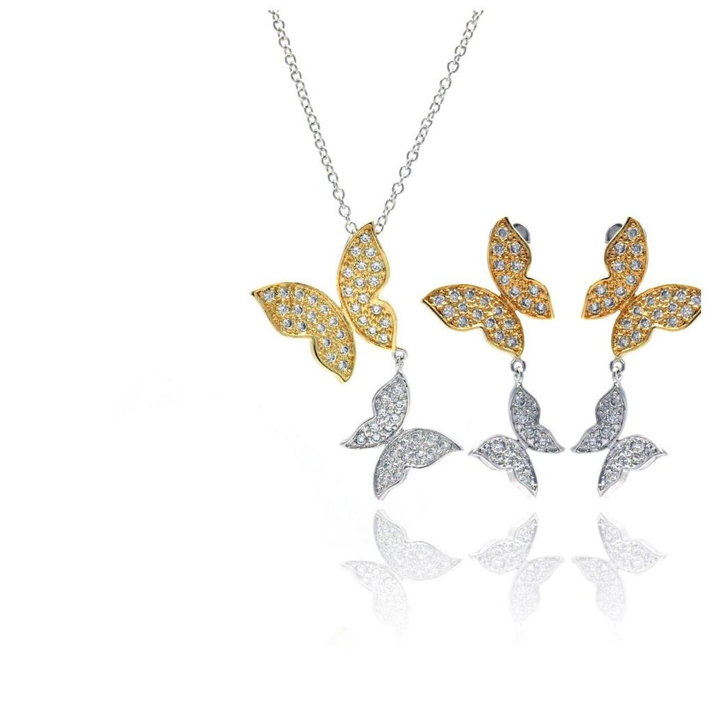 .925 Sterling Silver Rhodium & Gold Plated Clear Butterfly Cz Dangling Stud Earring & Dangling Necklace Set