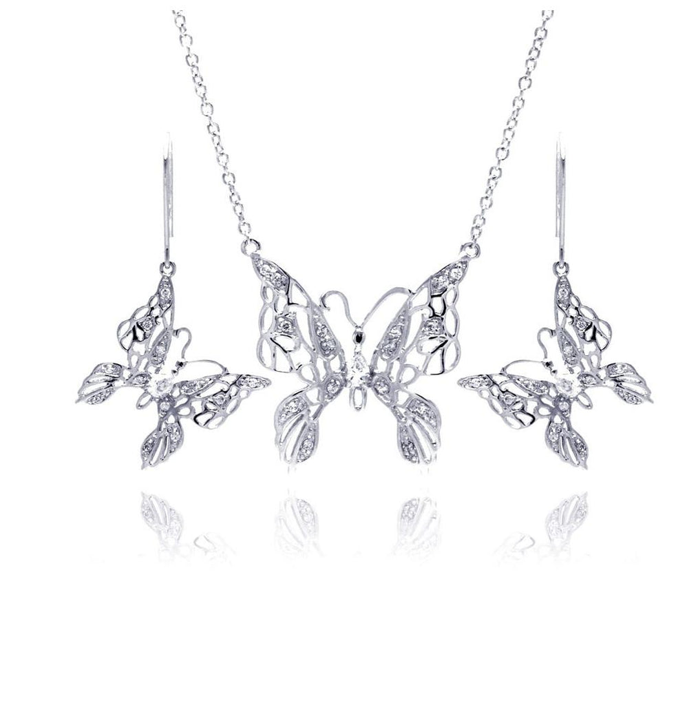 .925 Sterling Silver Rhodium Plated Clear Filigree Butterfly Cz Hook Earring & Necklace Set