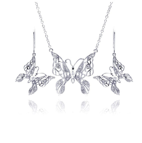 .925 Sterling Silver Rhodium Plated Clear Filigree Butterfly Cz Hook Earring & Necklace Set