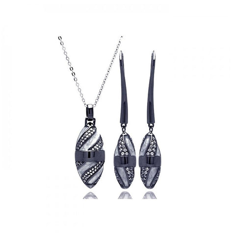 .925 Sterling Silver Black Rhodium High Polish White Stone Clear Pave Set Oval Plated Cz Black Rope Earring & Necklace Set