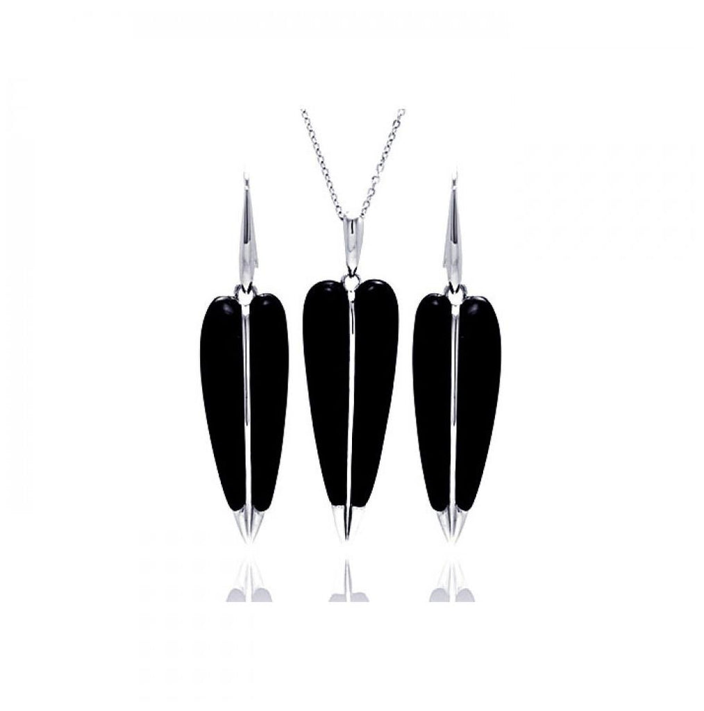 .925 Sterling Silver Rhodium Plated Pointed Black Onyx Hook Earring & Necklace Set