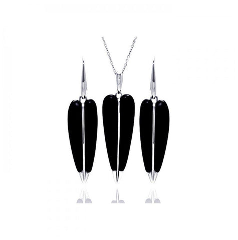 .925 Sterling Silver Rhodium Plated Pointed Black Onyx Hook Earring & Necklace Set