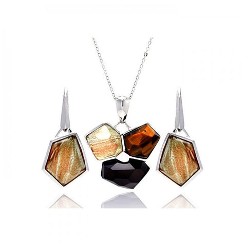 .925 Sterling Silver Rhodium Plated Multi Colored Stone Leverback Earring & Necklace Set