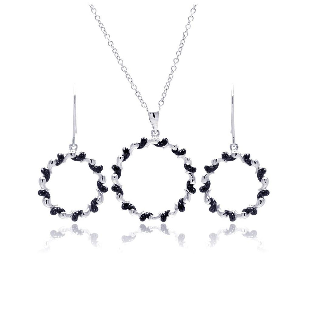 .925 Sterling Silver Rhodium & Black Rhodium Plated Open Spiral Circle Black Cz Hook Earring & Necklace Set